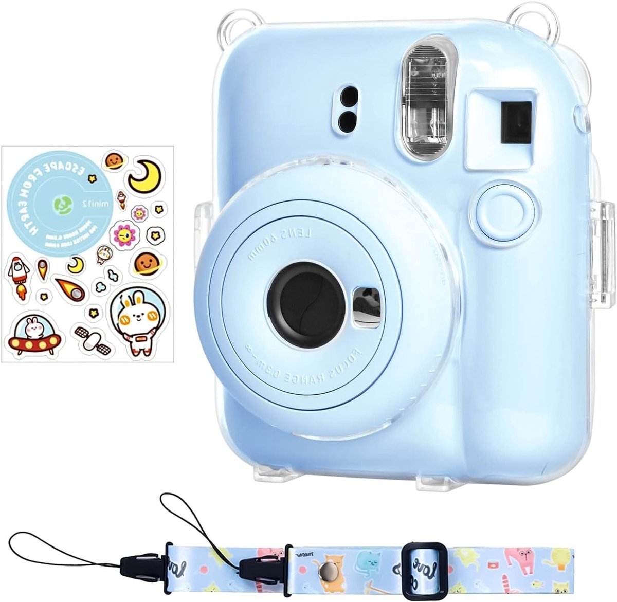 Mini 12 Camera Case - Transparante Beschermhoes voor Fujifilm Instax Mini 12 - Harde Draagtas met Afneembare Schouderband, Upgrade Hoes & Blauwe Sticker, Ideaal voor Instant Fotografie