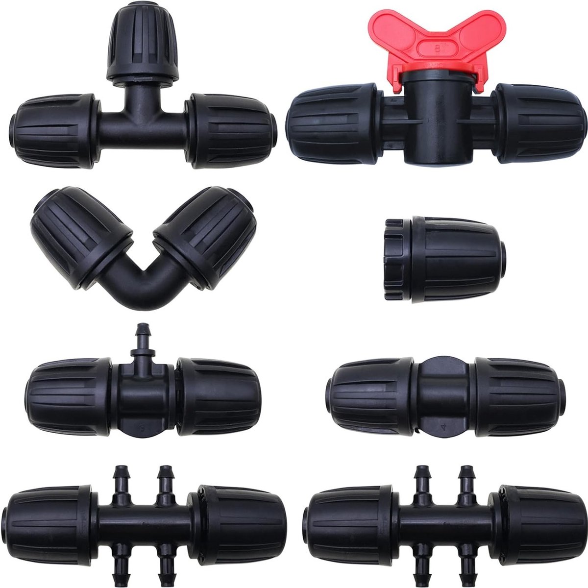 Irrigatie Connector Set, 8-delige Slangadapter voor 16 mm Tuinirrigatie, Verbinding voor 1/2 Inch PE Planten, Tuin Irrigatiesysteem en Waterbeheer