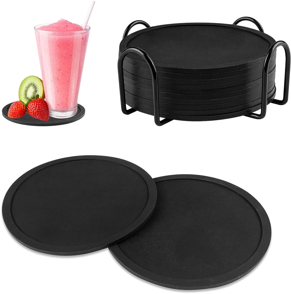 MIVRAY Onderzetters - Siliconen Onderzetter Set Voor Koffie & Theekop, Hittebestendig En Antislip, Inclusief Houder, Ronde 10cm, Zwart