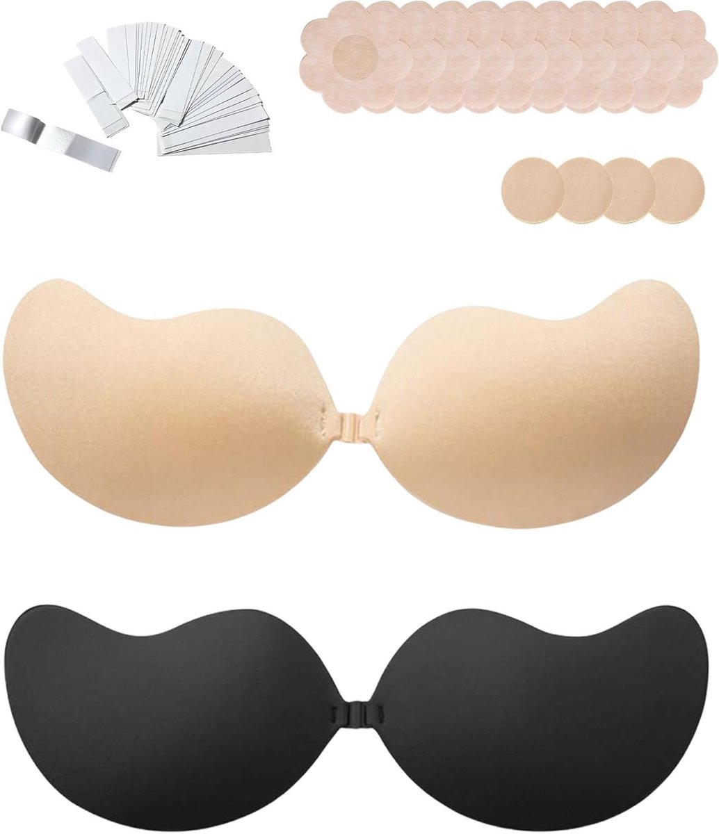 Adhesieve BH zonder bandjes, herbruikbare en dunne push-up BH's voor strapless jurken en tops, 2 paar in nude en zwart