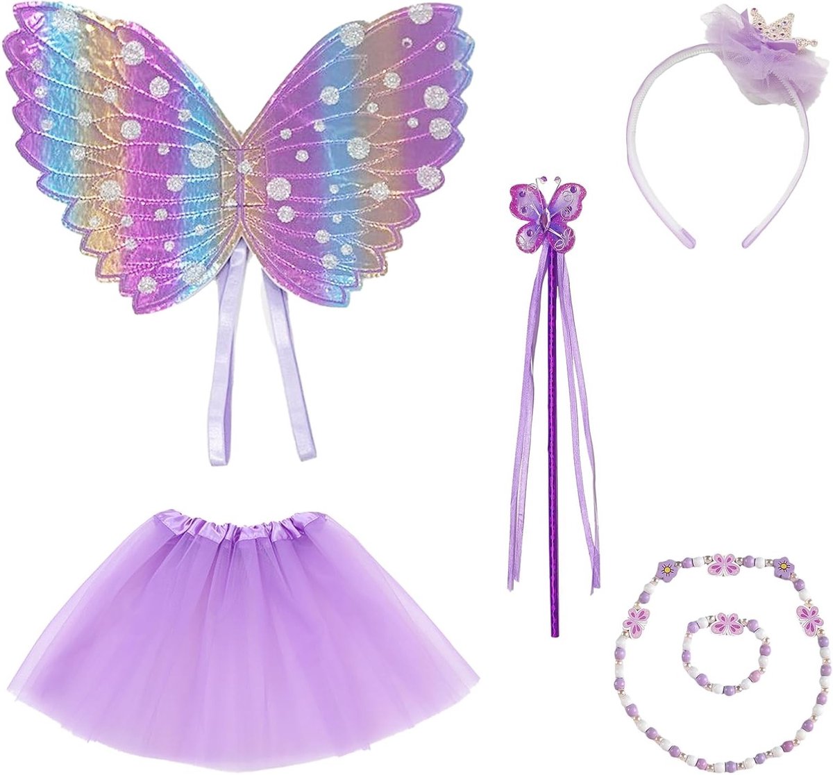 Zesdelige meisjes kostuum met vlinderwings, paarse tutu, kroon en toverstaf voor fantasierijke speelplezier