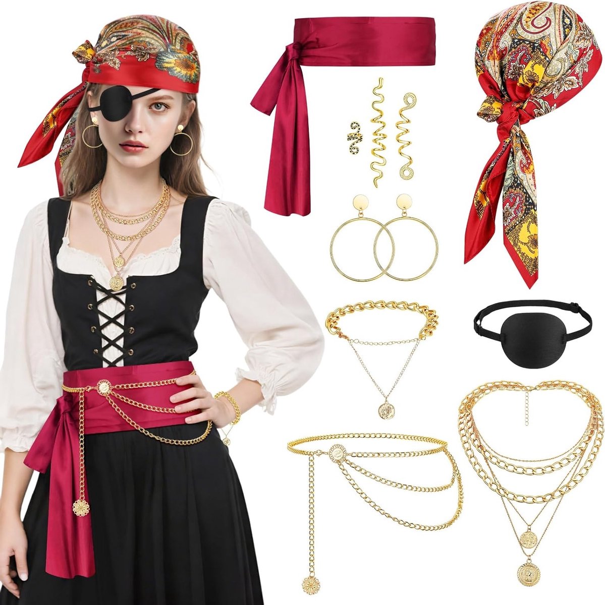 Vrouwelijk Piratenkostuum met 10 Accessoires, Hoofddoek, Ooglapje, Ketting en Sieraden voor Halloween en Cosplay Feesten