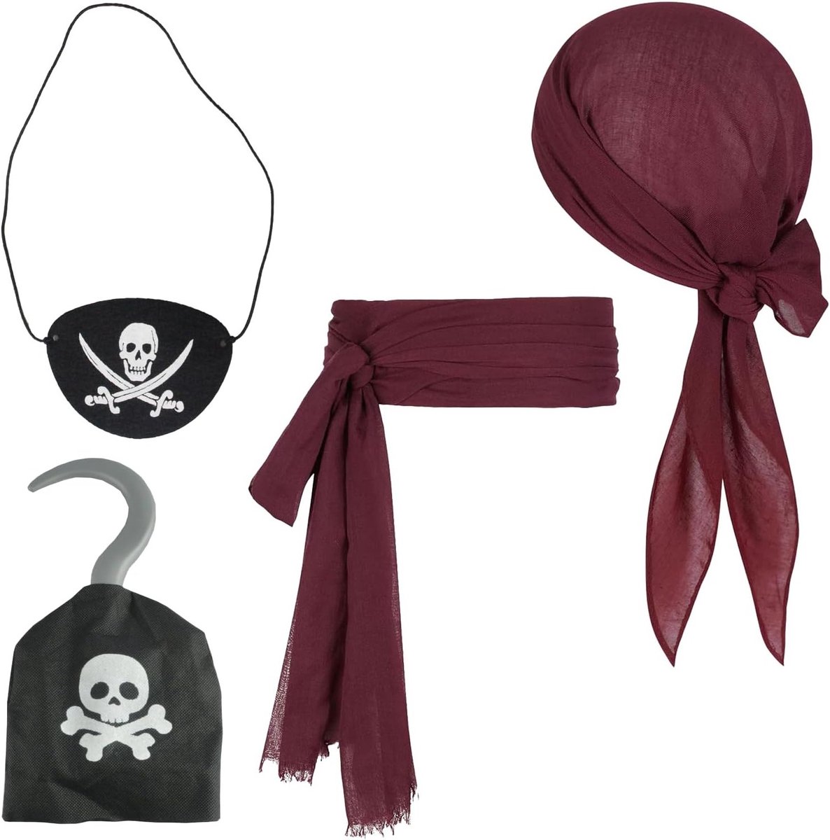 Piraten Kapitein Kostuum Accessoires Set van 4 - Bandana, Hoofddoek, Verstelbare Ooglap en Riem voor Halloween, Cosplay en Piratenthema Feesten voor Volwassenen en Kinderen