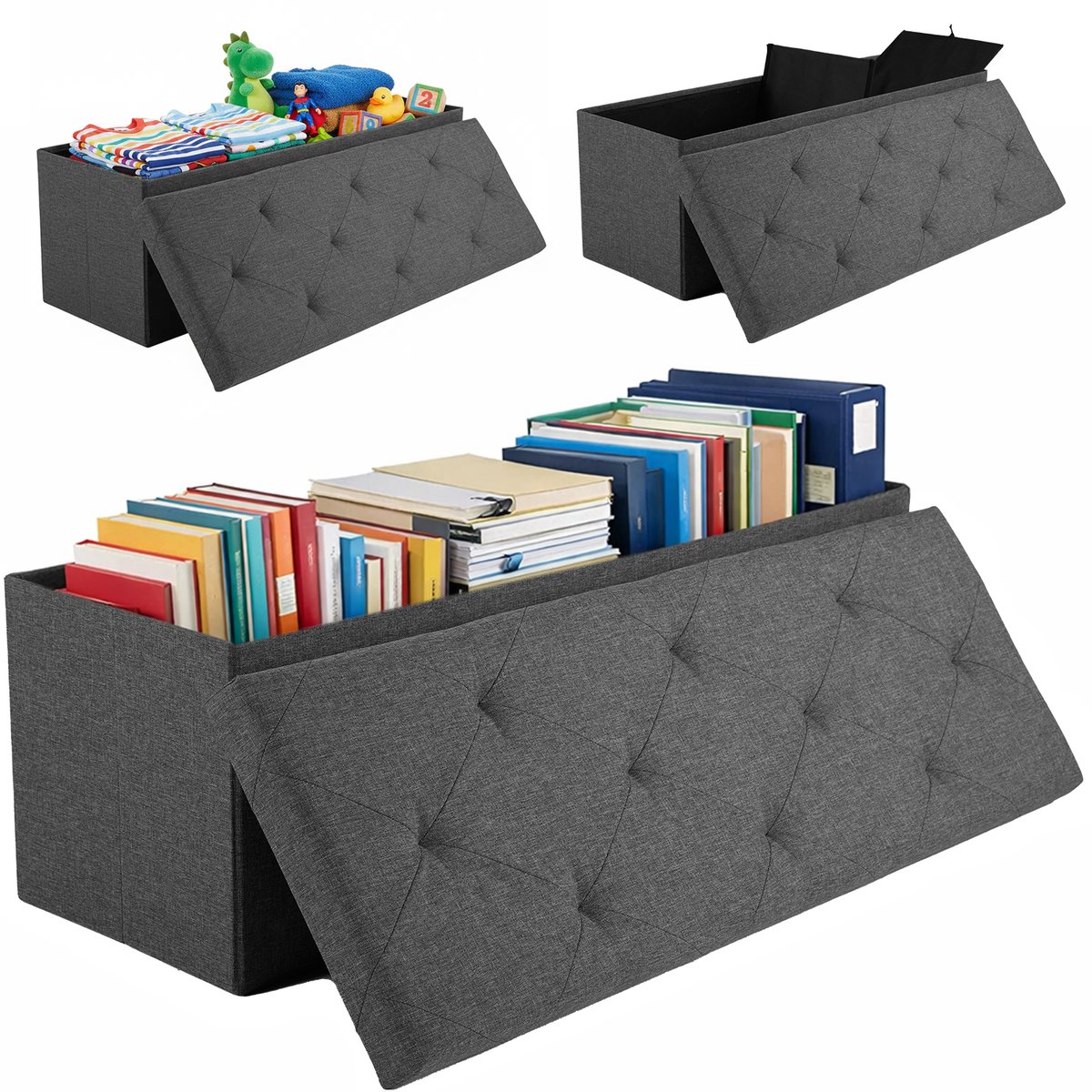 Opvouwbare Opbergbank 110×38×38 cm Grijs – Opbergkist Bank 132L – Zitbank Met Opbergruimte Belastbaar 300 kg