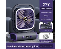 Ulisem - Wandventilator - USB oplaadbaar - 5 windstanden - Stille gelijkstroommotor - 2400mAh batterij - Automatisch links/rechts draaien - Handmatig kantelbaar - Met dubbele nachtlamp - Voor slaapkamer en student - Grijs