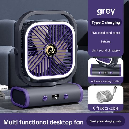 USB oplaadbare mini tafel- en wandventilator, 5 snelheden, stil, 2400mAh batterij, nachtlampje, grijs