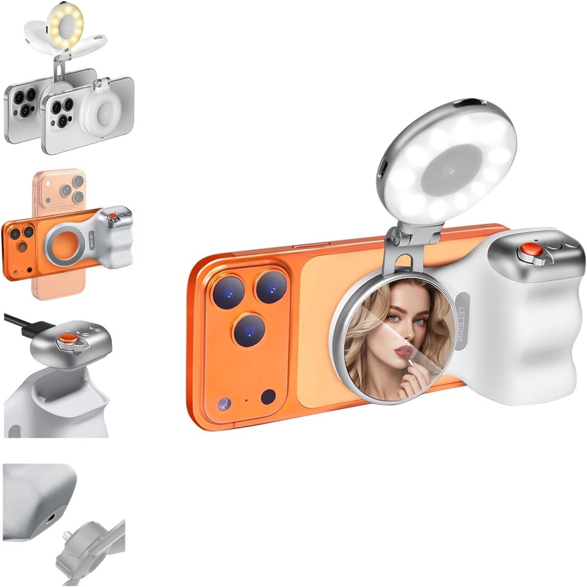 Smartphone Handgreep met Magnetische Selfie Lichten, Afneembare Bluetooth Afstandsbediening, Perfect voor Fotografie en Vlogs met iPhone en Android Telefoons
