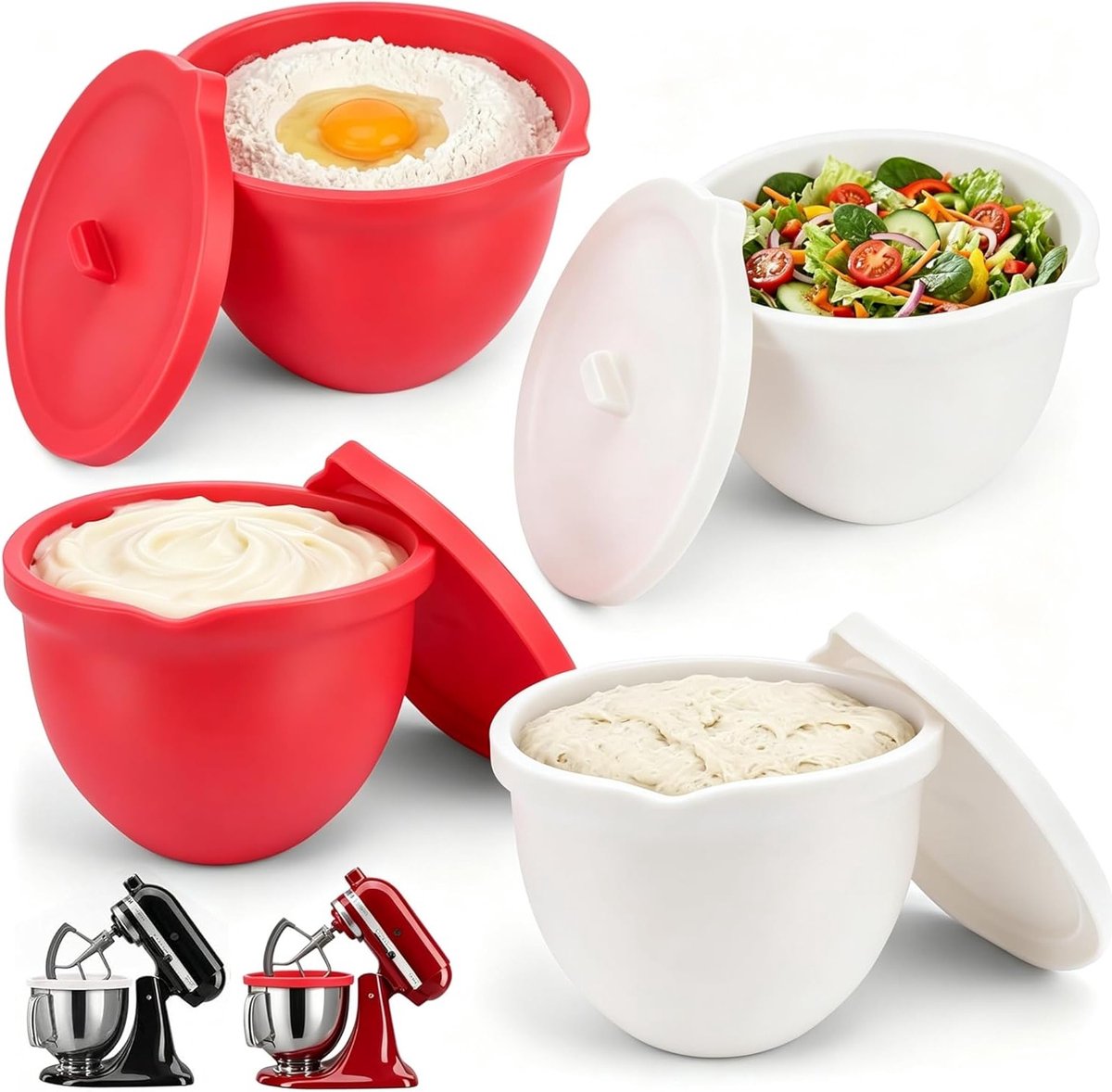 Set van 4 voedselveilige siliconen schaalinzetstukken met deksel voor KitchenAid blender ideaal voor mixen bewaren en reinigen 2 rood + 2 wit