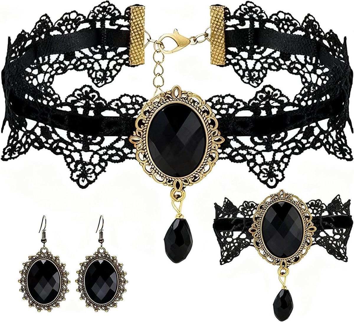 Vrouwelijk Steampunk Kostuum met Accessoires - 3-delig Sieraad Set met Ketting, Oorbellen en Armband voor Carnaval en Feestjes