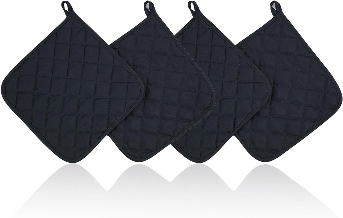 Set van 4 katoenen pannenlappen met antislip - 4-delige set met tas - 17 x 17 cm - wasbaar - geschikt voor ovens, keuken en bakken - zwart.