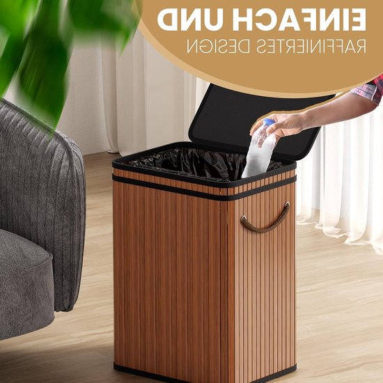 Afvalbak 80 Liter met Deksel van Bamboe voor Buiten, Thuis, Kantoor, Badkamer en Keuken - 40 x 30 x 60 cm (Premium Walnoot) — afbeelding 2