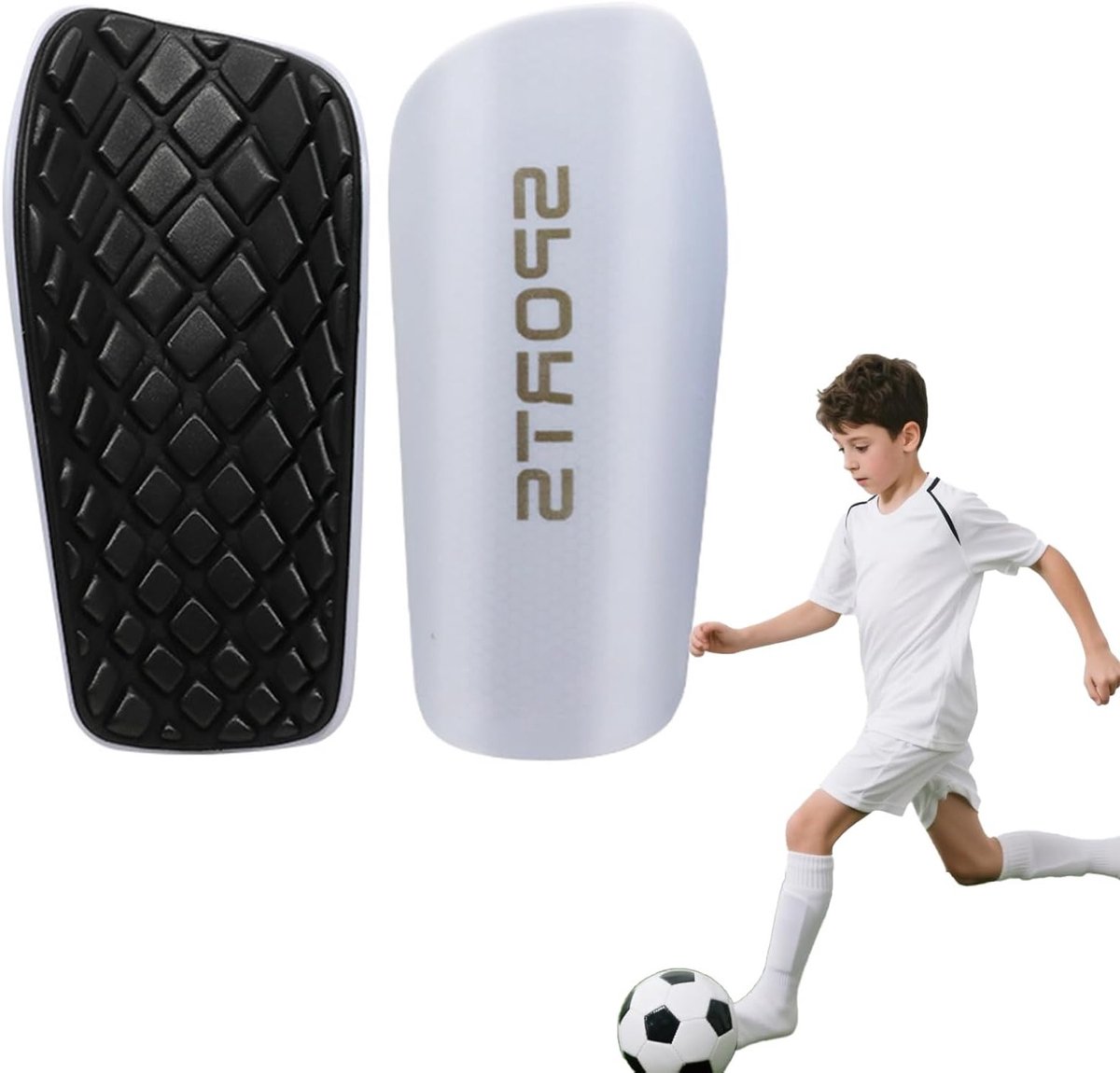 Voetbalscheenbeschermers voor Kinderen met Antislip Mouwen - Duurzame Bescherming voor Voetbalspelers (Wit, M)
