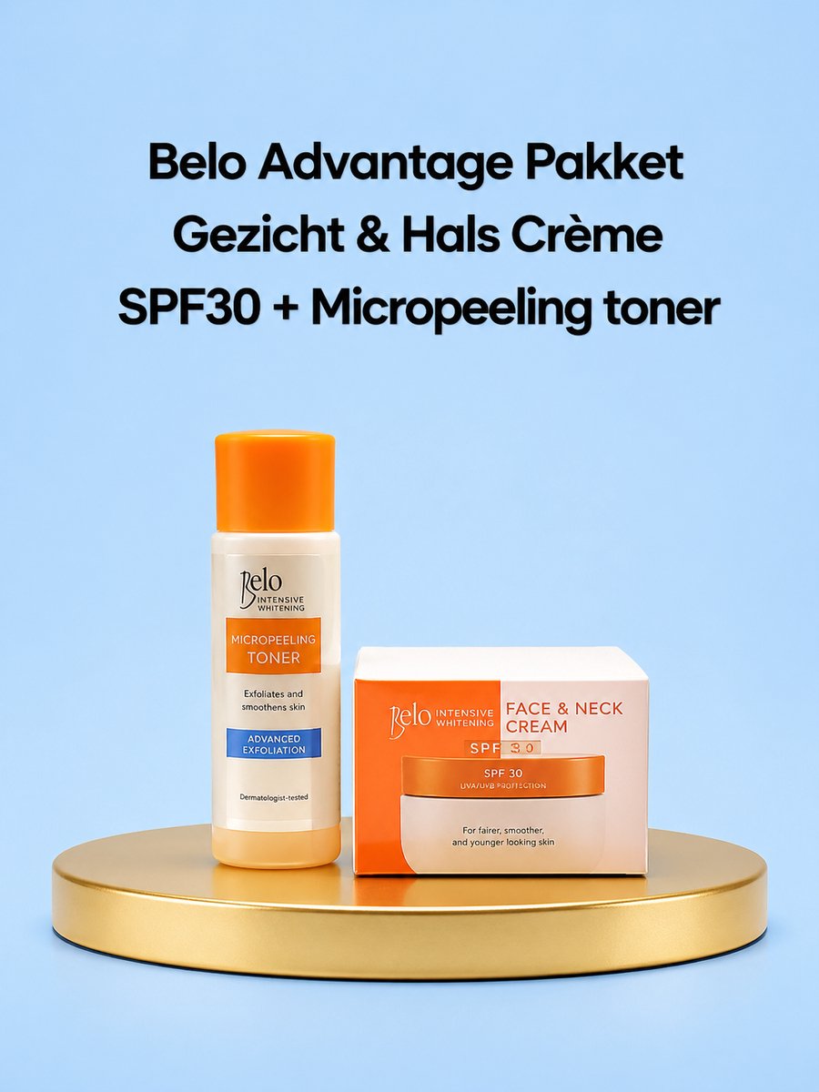 Belo Voordeelpakket – Gezichts- en Halscrème SPF 30 + Micropeeling Toner – Verhelderende & Beschermende Huidverzorgingsset – Verminderde Donkere Vlekken, Egaliseert de Huidtint & Bereidt de Huid Voor op Hydratatie – Voor een Gladde, Stralende Huid