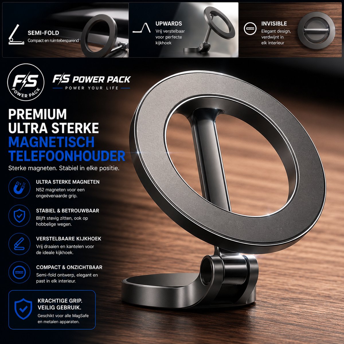 360°Premium Sterke Draaibare Magnetische Autotelefoonhouder (20xN55 sterkste magneten)compatibel met MagSafe,FS Power Pack Metaal Magnetische telefoonhouder mobiele telefoon Lisen[sterkste hechting 3M-lijm] iPhone 16 Pro max 15 14 13 12 Samsung 2025