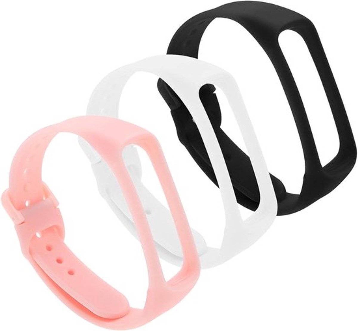 - Siliconen horlogeband compatibel voor activiteitstrackers - Vervanging - Zwart - Verstelbaar - Duurzaam - Geschikt voor diverse modellen - Flexibel - Horlogeband voor sportieve activiteiten - Zwart, blauw, rood (3 stuks)