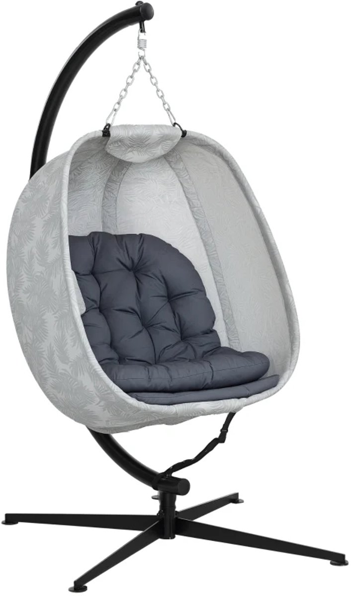Egg Hangstoel met Standaard & Kussen - Egg Chair - Stalen Frame - Opvouwbare Hangschommel - Schommelstoel - Tuinstoel - tot 120 kg - voor Binnen / Buiten - voor Tuin, Terras, Balkon - Grijs + Zwart