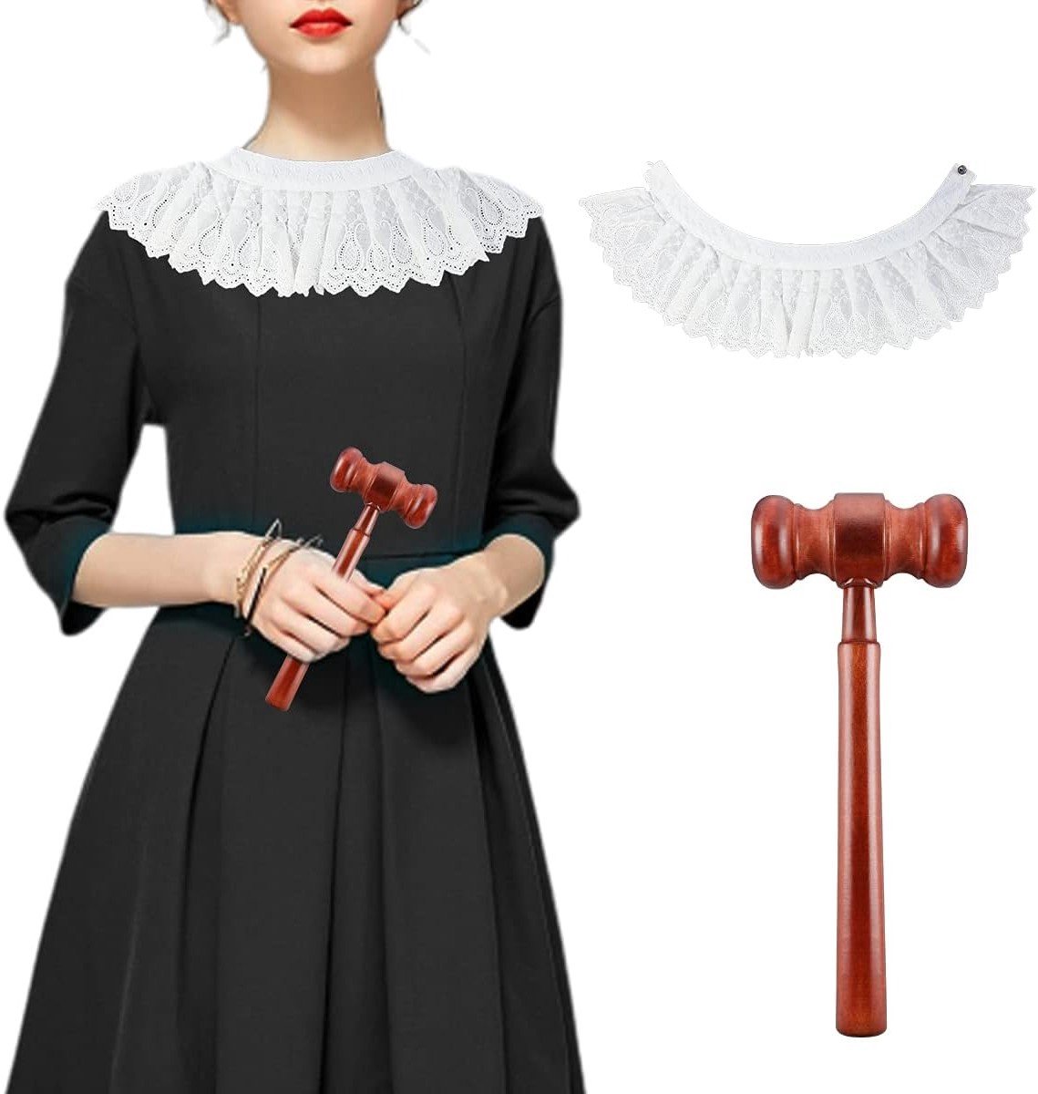 Halloween Judge Kostuum Accessoire met Kraag, Choker en Houten Hamer voor Cosplay en Feestjes