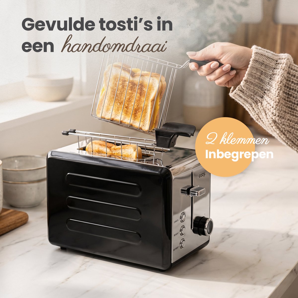 cozy.® Metalen Broodrooster met Tostiklemmen - Tosti Apparaat 815W - Retro Tosti Ijzer & Toaster - Brede Sleuven & 6 Standen - Ontdooi & Verwarm functie - Inclusief E-book - Broodrooster Zwart thumbnail 3
