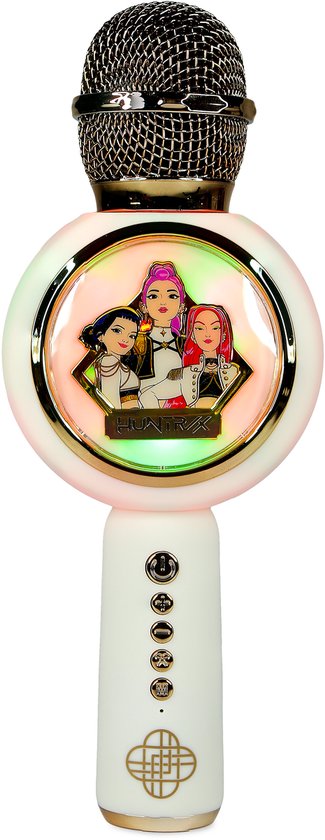 Witte draadloze microfoon met gouden details, verlicht door RGB-verlichting rond het display.