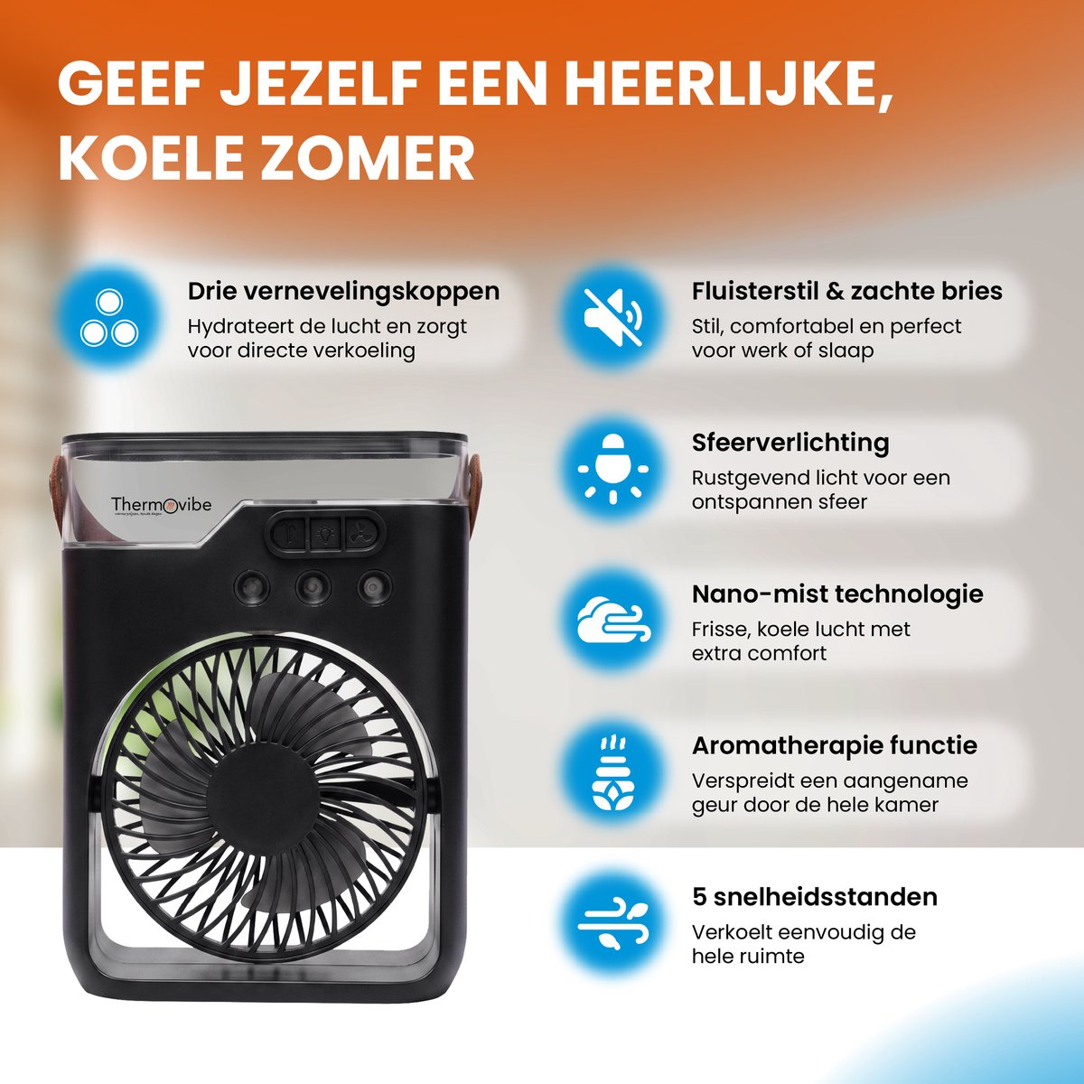 Thermovibe Tafelventilator met Mistfunctie - Kleine Draagbare Oplaadbare Ventilator - Draadloos - Bureau Ventilator met Water, Geurverspreider en Verlichting — afbeelding 7