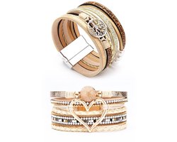 Dailygoody - Dochais Armbanden - Set van 2 stuks - Boho stijl - Meerlaagse leren armband - Magnetische gesp - Inspirerende levensboom - Geschikt voor ...
