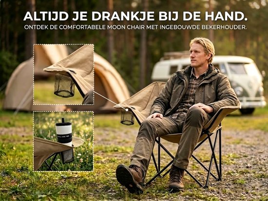 Lichtgewicht Campingstoel beige - Opvouwbaar kampeerstoel Met bekerhouder - Maanstoel - Festivalstoel - Vouwstoel - Strandstoel - Lichtgewicht Visstoel - opvouwbare maanstoel met draagtas - Draagvermogen tot 150 kg - 600D Oxford Klapstoel — afbeelding 3