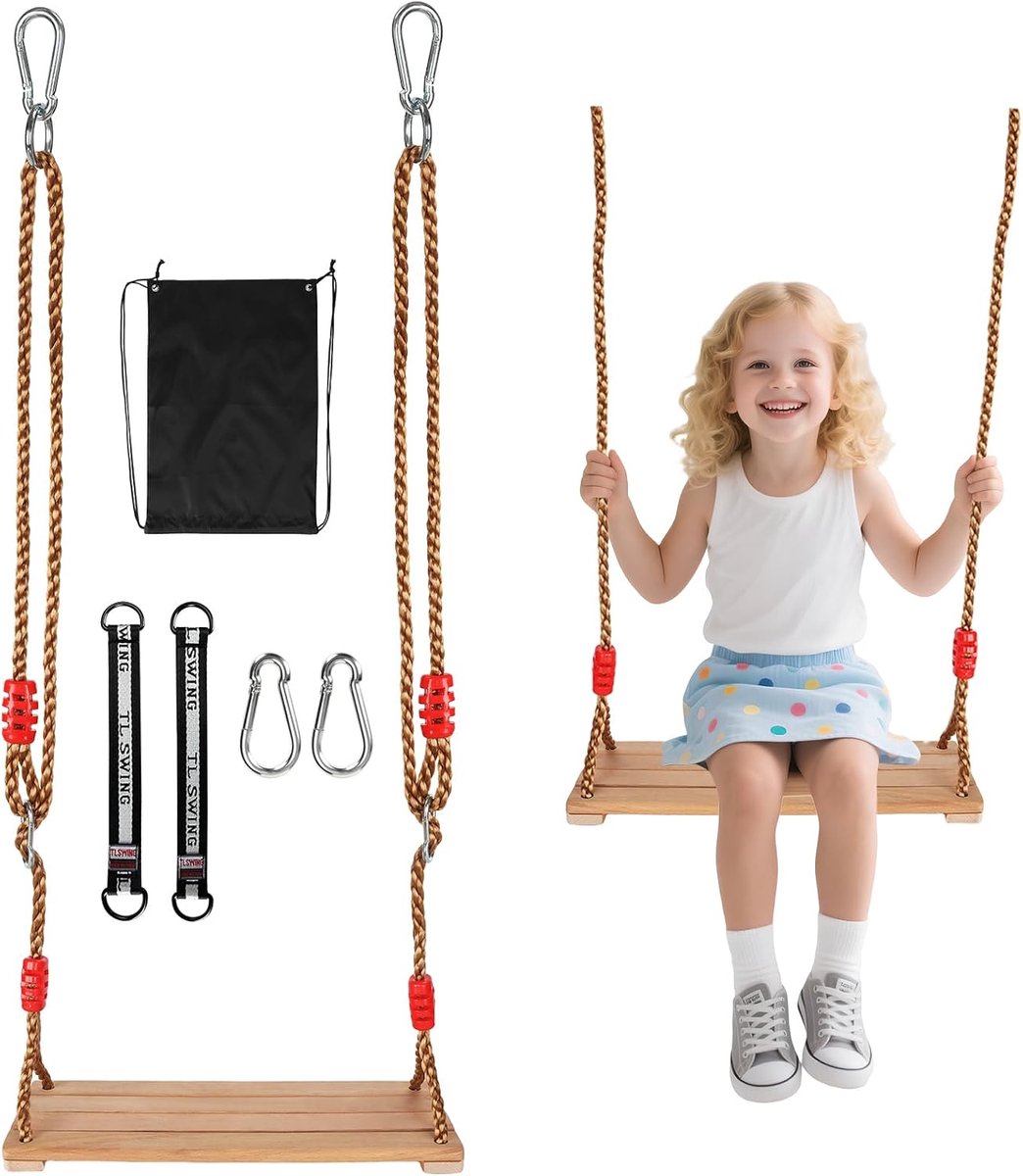 Houten Schommelzitje met Verstelbare Touwen voor Kinderen en Volwassenen Binnen en Buiten Gebruik
