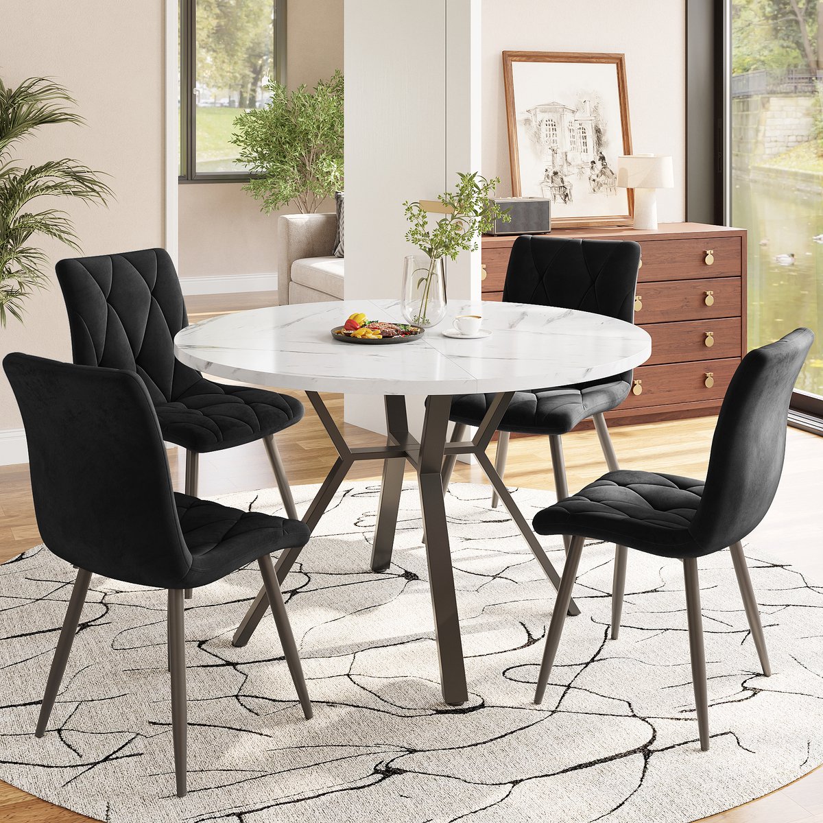 Eettafelset - Ø100 cm - Rond Marmeren Tafelset - 4 Ergonomische Stoelen - Metaal/Wildleder - Zwart