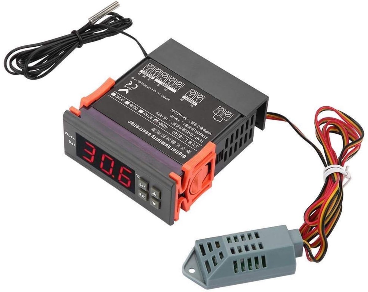 Dailygoody - Digitale Luchtvochtigheidsregelaar - Vochtmeting 1%-99% - Robuust en Waterdicht - LED Display - Integrale Vochtcorrectie - Geschikt voor ...