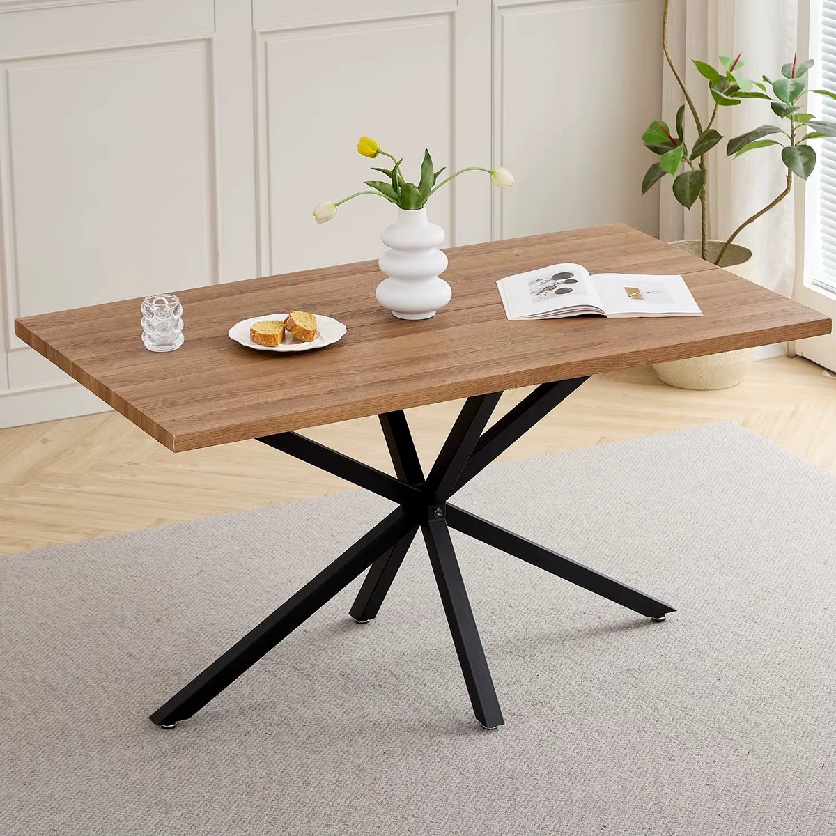 JOYNEXTBUY Eettafel - Dinertafel - Rechthoekig - Metalen Onderstel - Keukentafel - Eetkamertafel - 140cm x 80cm - Donker Hout Donker hout met zwart onderstel