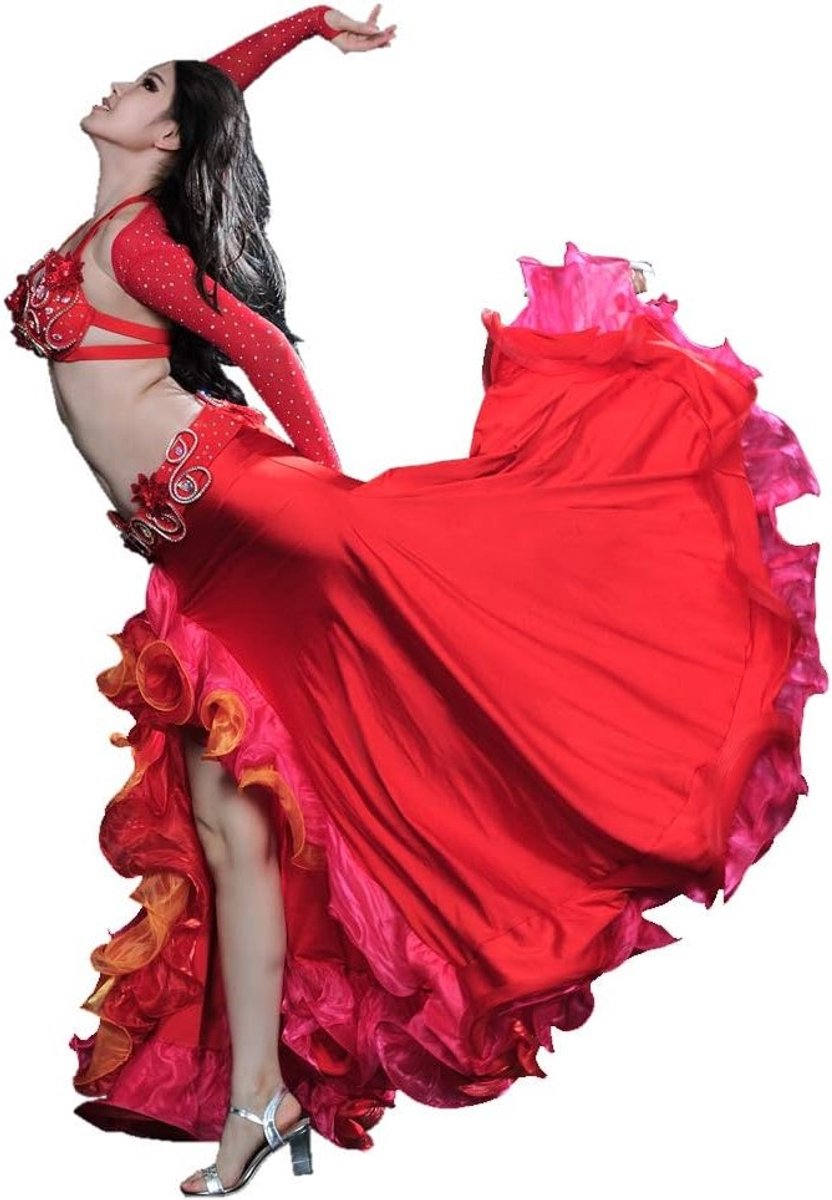 Bellydance Kostuum voor Vrouwen - 4-delige Set met Top, Rok, Bh en Ceintuur voor Flamenco en Dans