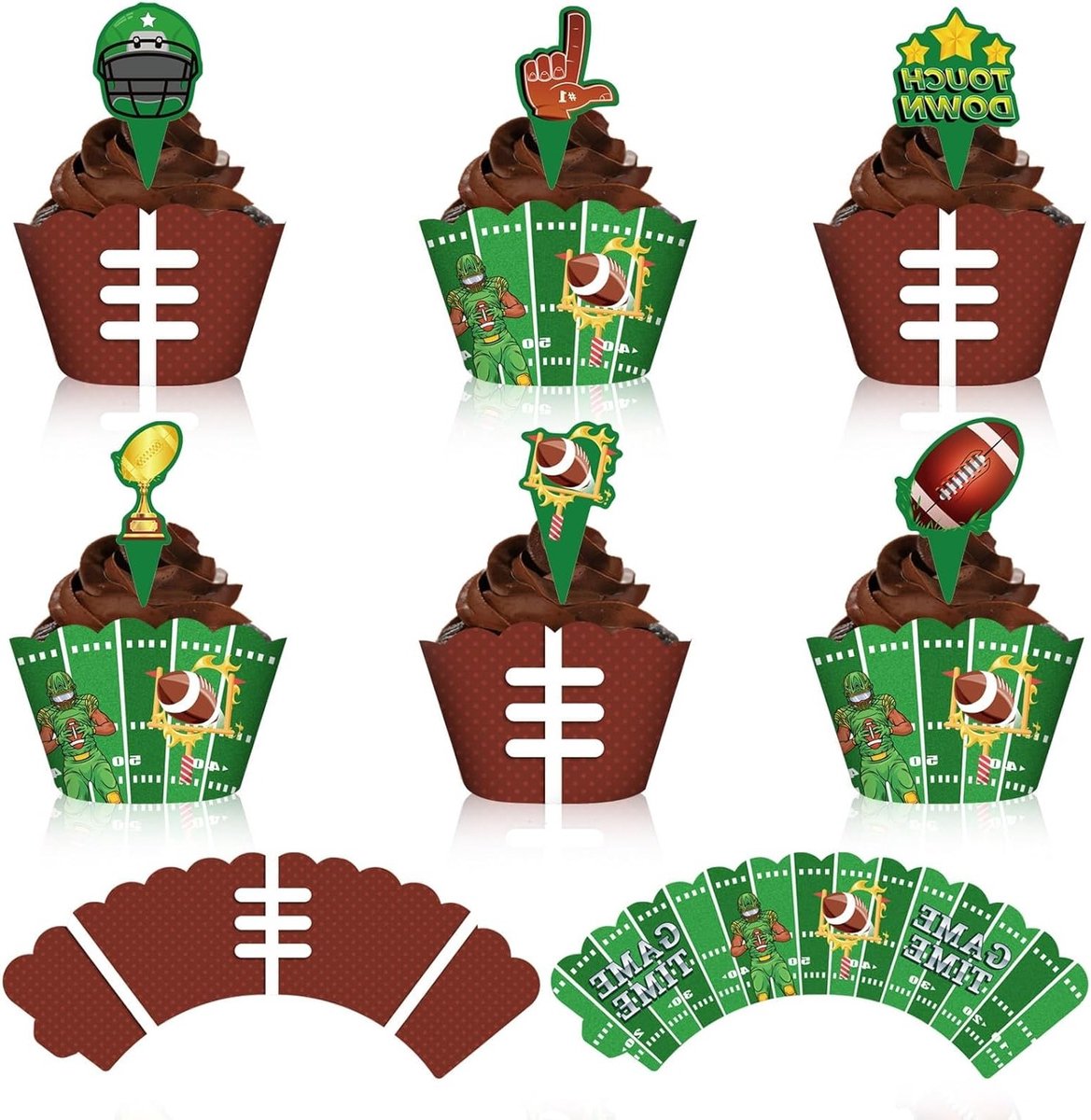 24 Stuks Voetbal Cupcake Toppers en Liners, Versieringen voor Voetbal Feestjes en Taarten, Sportthema Decoraties