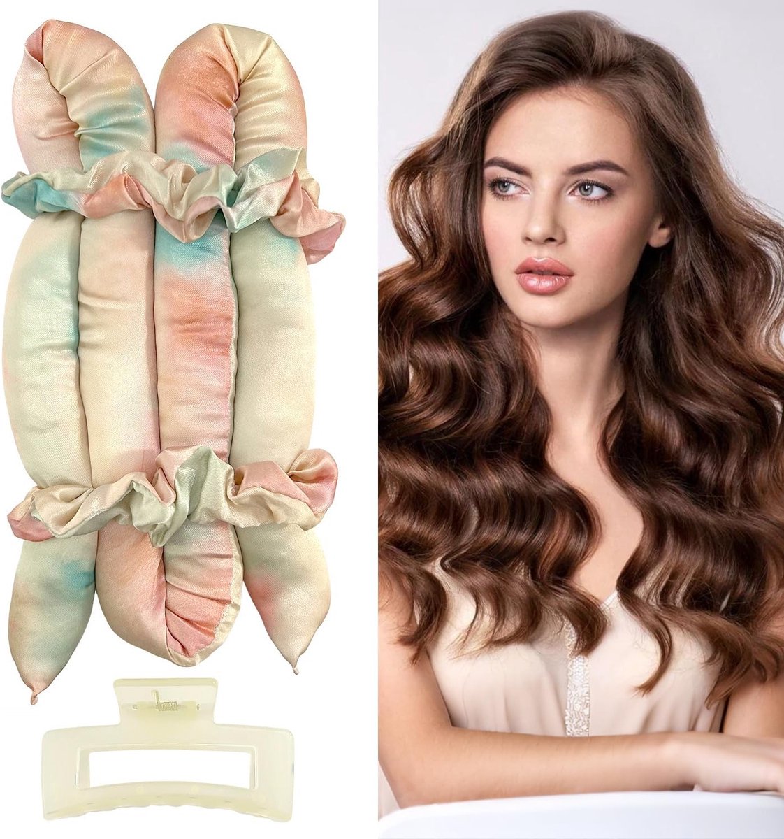 Satin Haarrollers voor Lang en Kort Haar, Krullend Haar Zonder Hitte, Ideaal voor Volumineuze Krullen en Nachtgebruik (Geel, Oranje en Blauw - Tie-Dye)