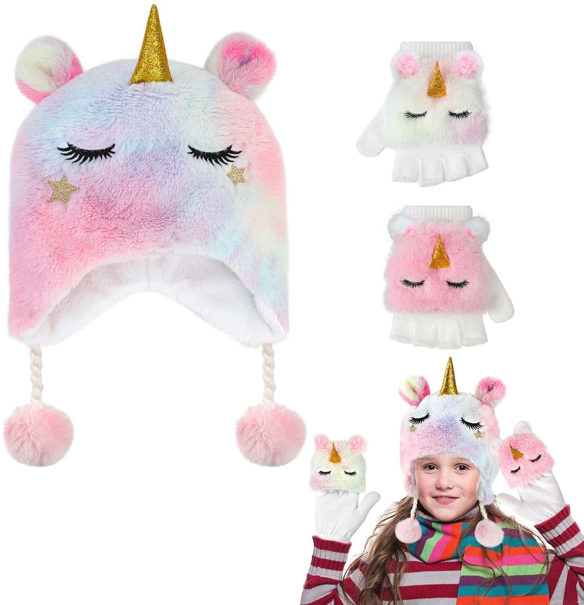 Dailygoody - Eenhoornmuts - Winteraccessoires - 3-delige Set - Handschoenen zonder vingers - Kinderen 3-10 jaar - Magisch ontwerp - Meisjes