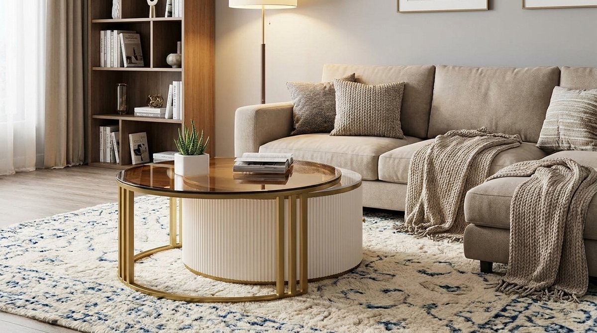 Salontafel Set Rond Draaibaar Sintersteen - House&Garden 2-delige Nesting Koffietafel met Opberglades - Luxe Modern Design met Gouden RVS Frame - 80 cm Woonkamertafel