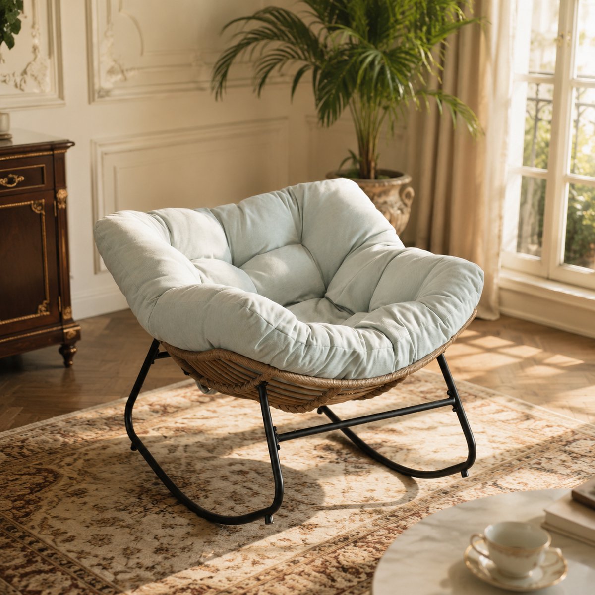 Schommelstoel - Ergonomische Papasan stoel - Relaxstoel - Chenille stof - Fauteuil - Loungestoel - Rotan Relaxstoel - Lichtblauw