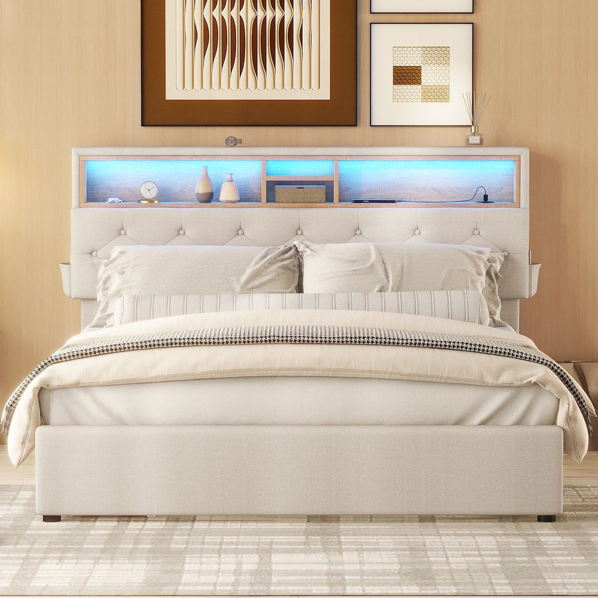 HAUSS SPOLE Gestoffeerd Bed 140x200 cm - Tweepersoonsbed Met USB en Led - Met 4 Laden en Opberg Hoofdbord - Zonder Matras - Grijs