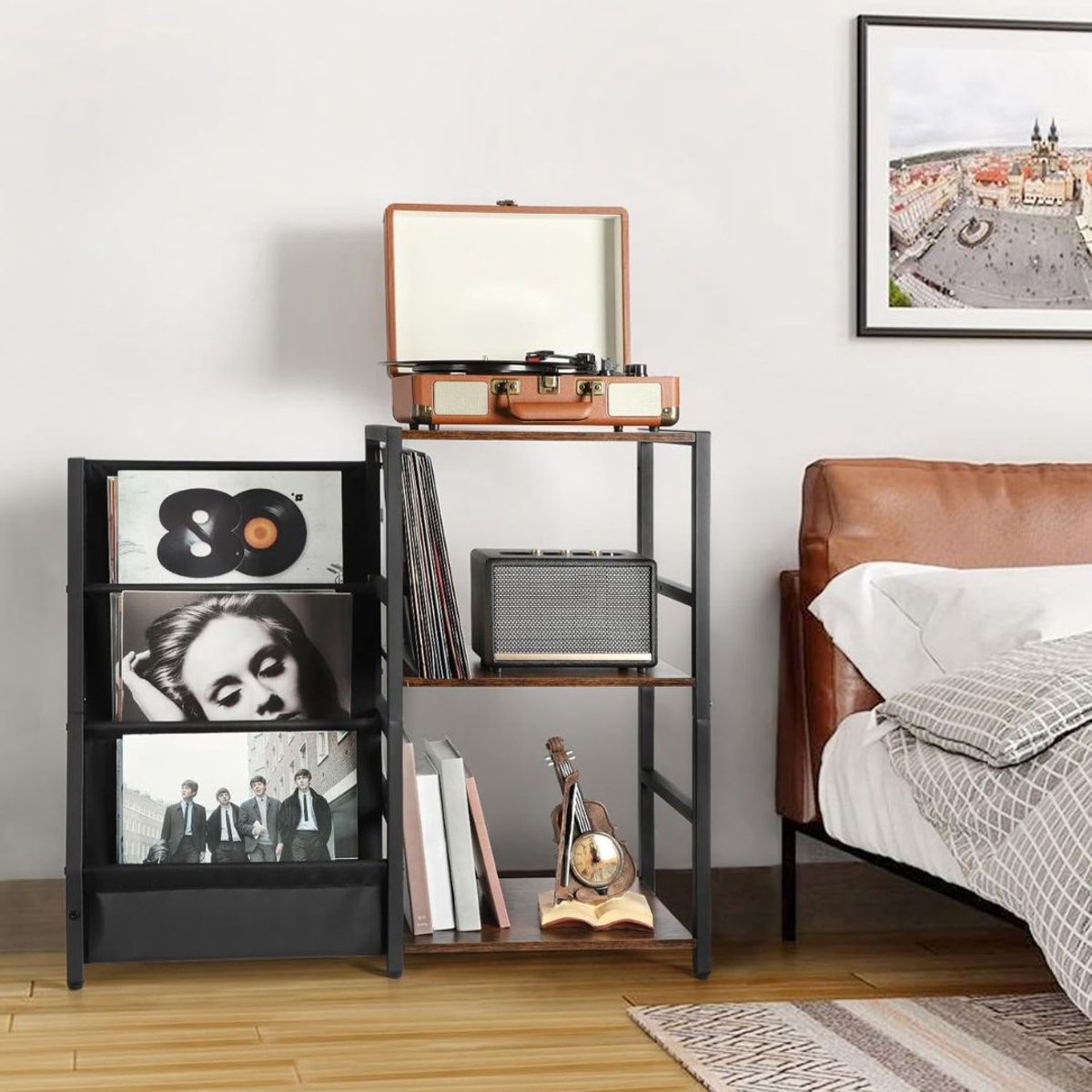 KAD® Platenspeler Meubel - Platenspeler Meubel met LP Opslag - Stevige Platenspeler Kast - Bruin en Zwart - 30cm x 84cm x 74cm