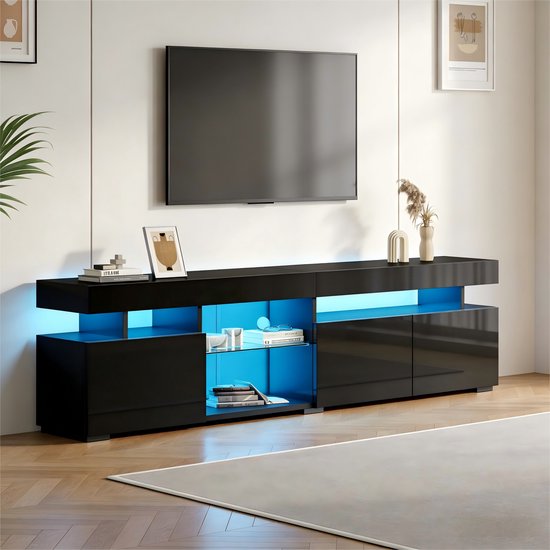 MIVRAY Tv-Meubel - Hoogglans Met Led En 3 Deuren - Voor Woonkamer En Televisies Tot 80 Inch - 180x35x45 Cm - Zwart