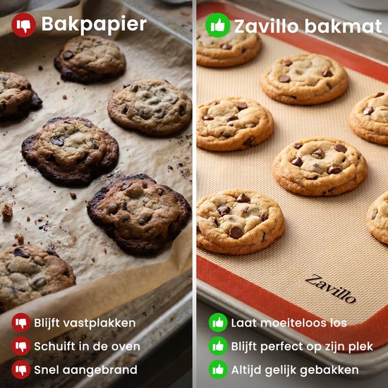 Vergelijking: bakpapier met bruine, aangebrande koekjes links, en een Zavillo bakmat met perfect gebakken koekjes rechts.