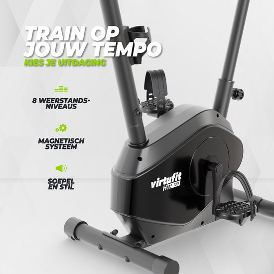 Zwarte hometrainer met display en text stating 'Train op jouw tempo, kies je uitdaging'. Tekst: 8 weerstandsniveaus, magnetisch systeem, soepel en stil.