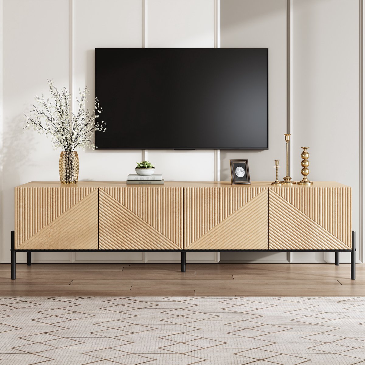 VVBV TV-meubel 163,5 cm met 4 deuren, naturel MDF, 3D geometrisch design, zwart metalen onderstel