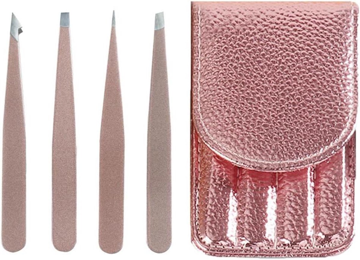 Pincetten Set - Roestvrijstalen Pincet - Precisie Ontharen - Vier Verschillende Punten - 4 Stuks - Roségoud