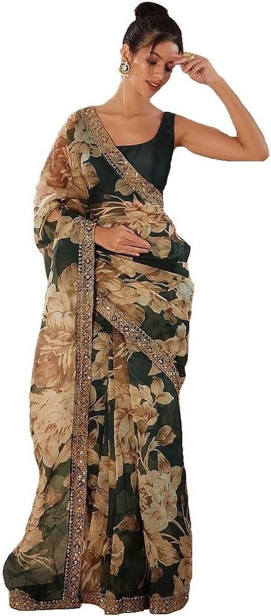 Georgette Sari - Sari Indisch - Feestelijke Gelegenheid - Spiegelwerk Kant - Niet Gestikt Blouse - Gedrukt