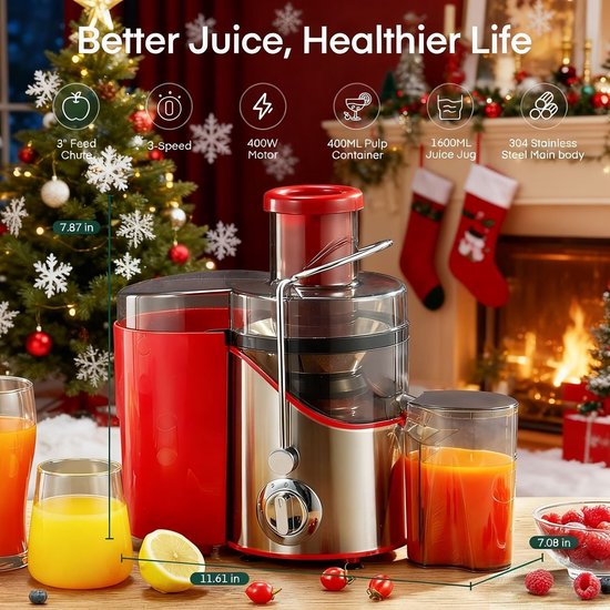 Groente- en Fruitpers, 400W, 3 snelheden, 65mm voersleuf, RVS sapcentrifuge met 1,6L sapreservoir en 0,4L pulpcontainer — afbeelding 4