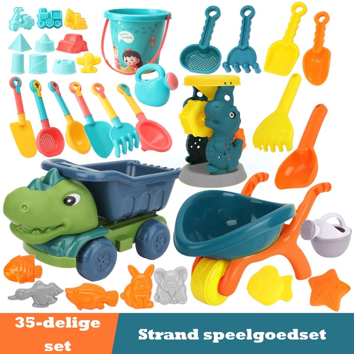 Strandspeelgoedset, 35 zandbak strandspeelgoed, strandspeelset voor kinderen met netzak, waterrad, hark strandkasteel, zandvormspeelgoed voor kinderen binnen of buiten Dinosaur