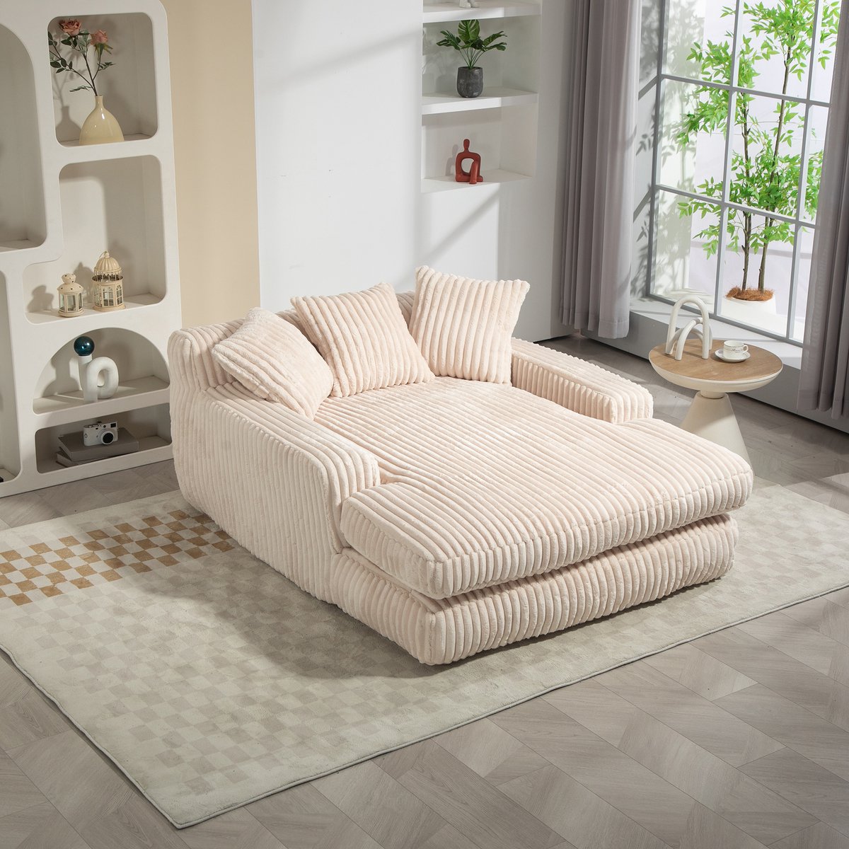HAUSS SPOLE Chaise Longue Cloud - Éénzitter Bodemsofa - Met 3 Kussens & Hoge Veerkracht - 125x155x63 cm - Voor Woonkamer En Slaapkamer - Cordstof Beige