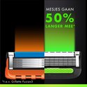 Twee Gillette mesjes, een oranje en een zwart, naast elkaar op een zwarte achtergrond. "Mesjes gaan 50% langer mee".