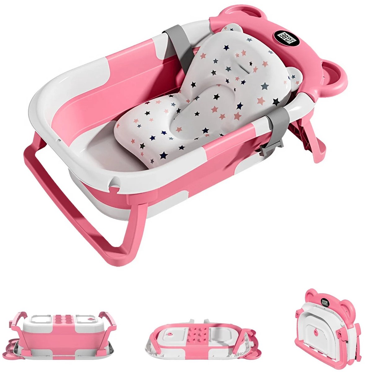 Geargalaxy Draagbare Babybadkuip - Reisbadkuip - Badje voor baby’s - Reis babybadje - Veilig babybadje - Inclusief Thermometer - Roze