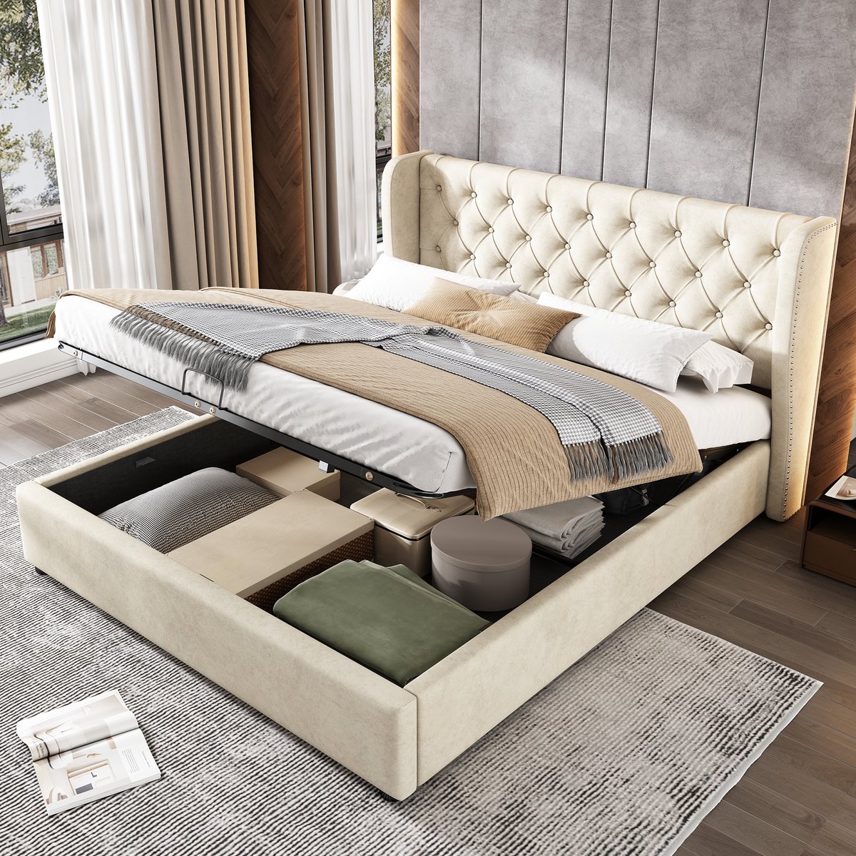 HAUSS SPOLE Gestoffeerd Bed 140x200 cm - Chesterfield Met Opbergruimte En Lattenbodem - Zonder Matras - Fluweel - Beige